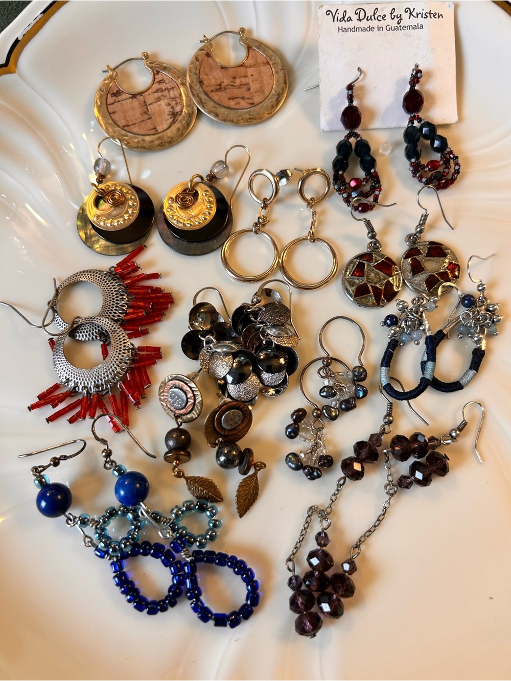 Boho Lot of 12 Earrings, beaded, MOP, Copper, Brass, etc pierced ears
